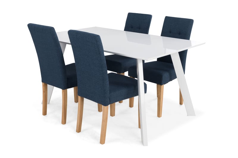 Spisegruppe Eli Hvit - Med 4 Leo Stoler Blå|Eikeben - Møbler - Bord - Spisebord & kjøkkenbord