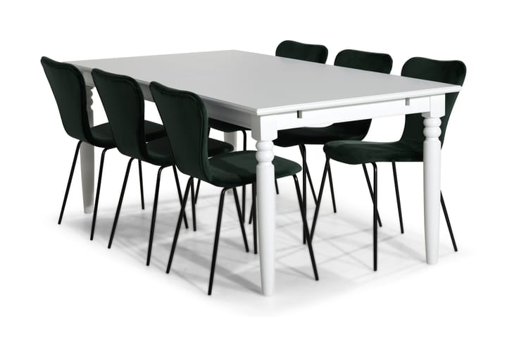 Spisegruppe Hampton 190 cm med 6 Miko Stol Fløyel - Hvit|Grønn - Møbler - Stoler - Spisestuestoler & kjøkkenstoler