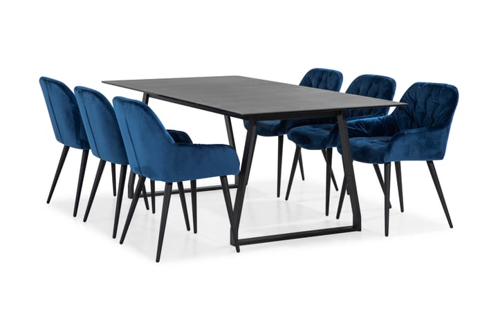 Spisegruppe Mila 200 cm med 6 Khloe stoler Fløyel - Svart | Blå | Fløyel - Møbler - Bord - Spisegruppe