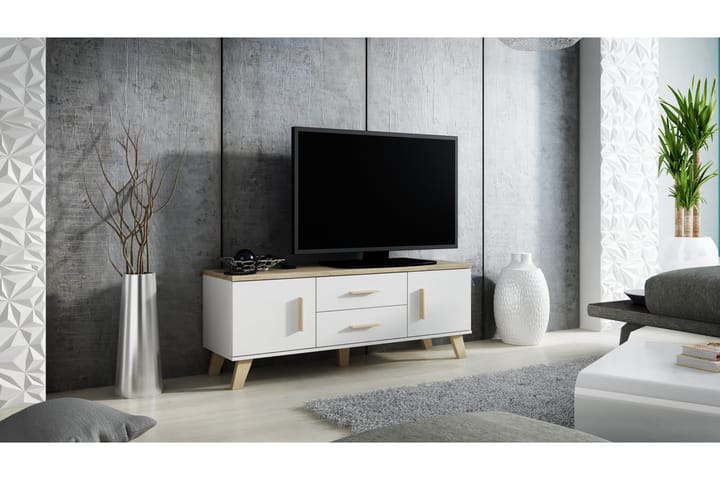 Tv-benk Loteria 140x40x53 cm med 2 Dører + 2 Skuffer - Hvit/Sonomaeik - Oppbevaring - Oppbevaringsmøbler - Kommode