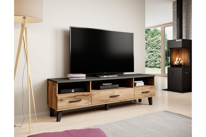 Tv-benk Loteria 180x40x53 cm med 3 Hylle + 3 Skuffer - Eikefarge/Mattsvart - Oppbevaring - Oppbevaringsmøbler - Kommode