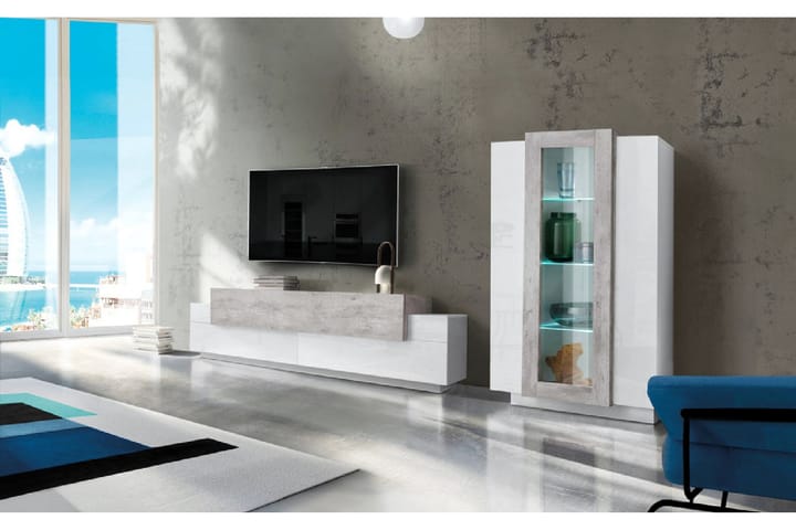 Tv-møbelsett Cordera 280x121 cm - Glass/Hvit Høyglans/Betonggrå - Møbler - TV- & Mediamøbler - TV-møbelsett
