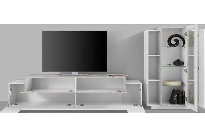 Tv-møbelsett Cordera 280x121 cm - Glass/Hvit Høyglans/Betonggrå - Møbler - TV- & Mediamøbler - TV-møbelsett