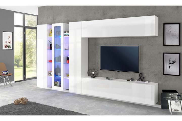 Tv-møbelsett Marusan 380x180 cm - Glass/Hvit Høyglans - Møbler - TV- & Mediamøbler - TV-møbelsett