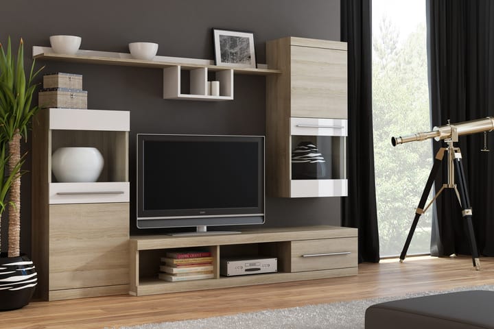 Tv-møbelsett Nashera 220x41x190 cm - Glass/Hvit Høyglans/Matt Sonomaeik - Møbler - TV- & Mediamøbler - TV-møbelsett
