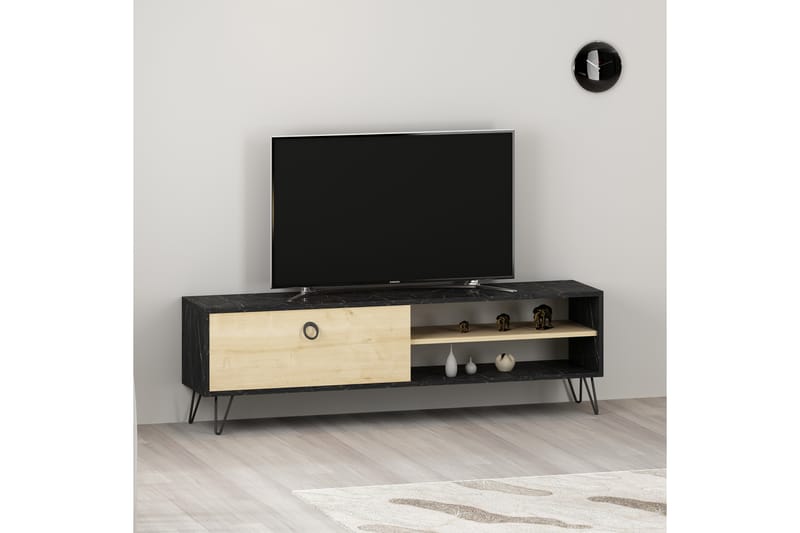 TV-møbelsett Urayasu 150 cm Dør + 2 hyller - Blå / Natur / Svart - Møbler - TV- & Mediamøbler - TV-møbelsett