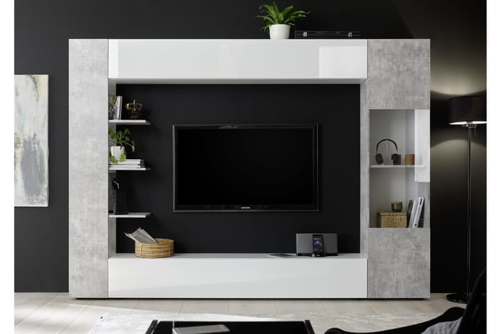 Veggkombinasjon Selvena 295 cm - Hvit|Grå - Møbler - TV- & Mediamøbler - TV-møbelsett