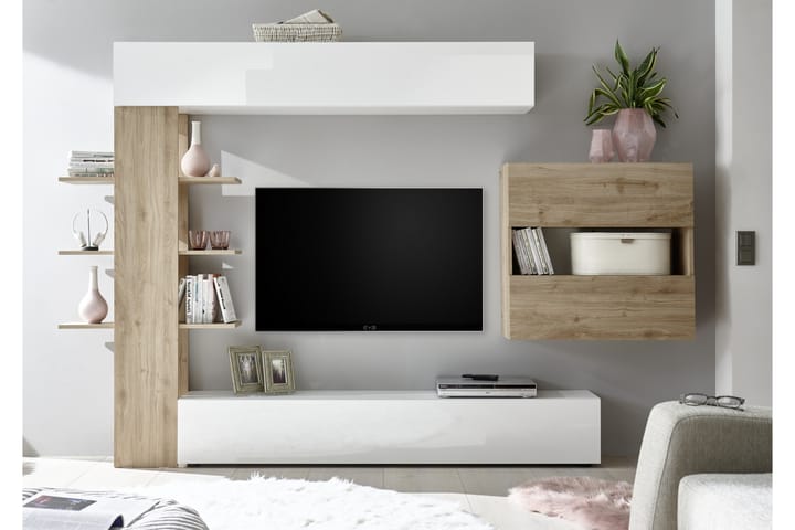 Veggkombinasjon Selvena 295 cm - Hvit|Tre|Natur - Møbler - TV- & Mediamøbler - TV-møbelsett