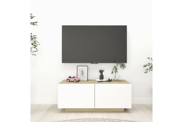 TV-benk hvit og sonoma eik 100x35x40 cm sponplate - Hvit - Møbler - TV- & Mediamøbler - TV-skap
