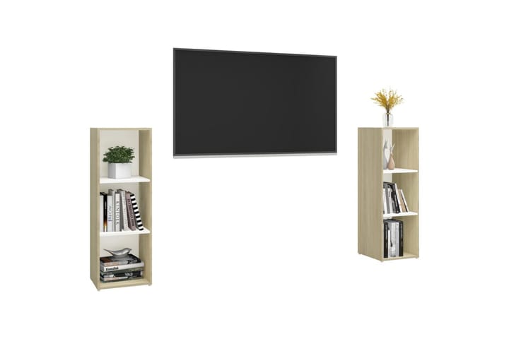 TV-benker 2 stk hvit og sonoma eik 107x35x37 cm sponplate - Beige - Møbler - TV- & Mediamøbler - TV-skap