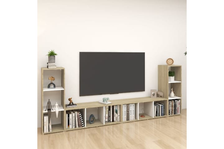 TV-benker 4 stk hvit og sonoma eik 107x35x37 cm sponplate - Beige - Møbler - TV- & Mediamøbler - TV-skap