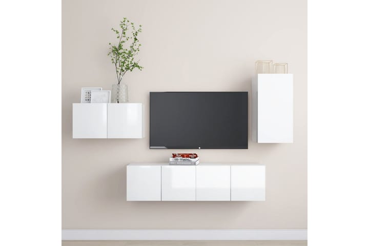 TV-benksett 4 deler høyglans hvit sponplate - Hvit - Møbler - TV- & Mediamøbler - TV-skap