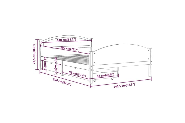 Sengeramme med 2 skuffer hvit heltre furu 140x200 cm - Hvit - Møbler - Senger - Sengeramme & sengestamme