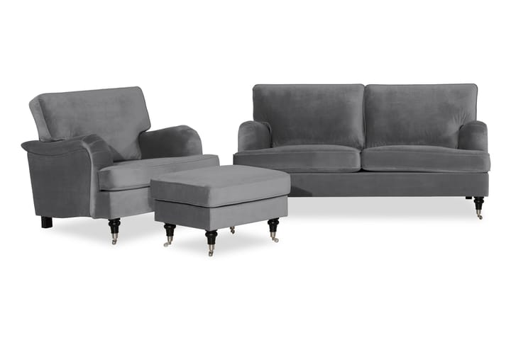 Sofagruppe Oxford Classic 3-seter+Lenestol+Fotskammel Fløyel - Sølvgrå - Møbler - Sofaer - Howard-sofaer