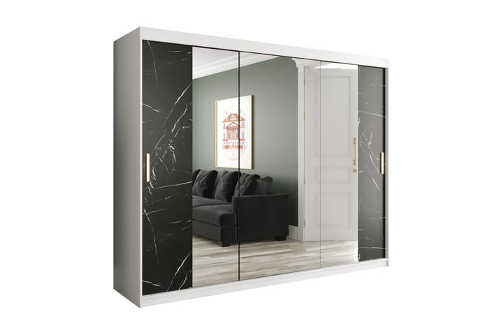 Garderob med Speil Kant Marmesa 250 cm Marmormønster - Hvit/Svart - Oppbevaring - Garderober & garderobesystem