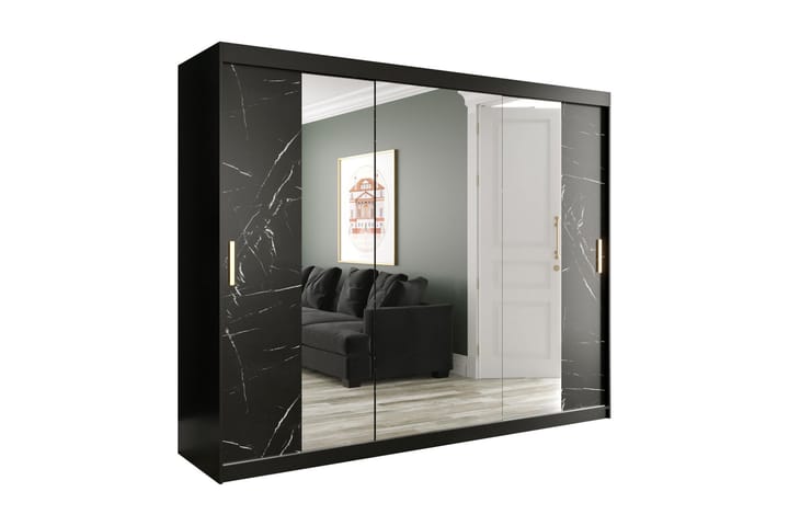 Garderob med Speil Kant Marmesa 250 cm Marmormønster - Svart - Oppbevaring - Garderober & garderobesystem