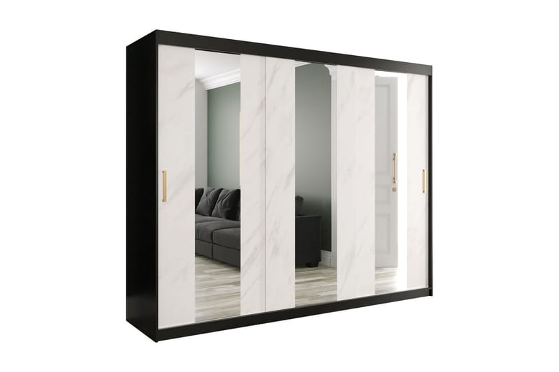 Garderob med Speil Midt Marmesa 250 cm Marmormønster - Svart/Hvit/Gull - Oppbevaring - Garderober & garderobesystem