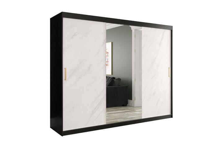 Garderobe med Speil Marmesa 250 cm Marmormønster - Svart/Hvit/Gull - Oppbevaring - Garderober & garderobesystem