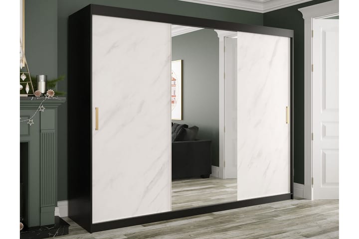 Garderobe med Speil Marmesa 250 cm Marmormønster - Svart/Hvit/Gull - Oppbevaring - Garderober & garderobesystem