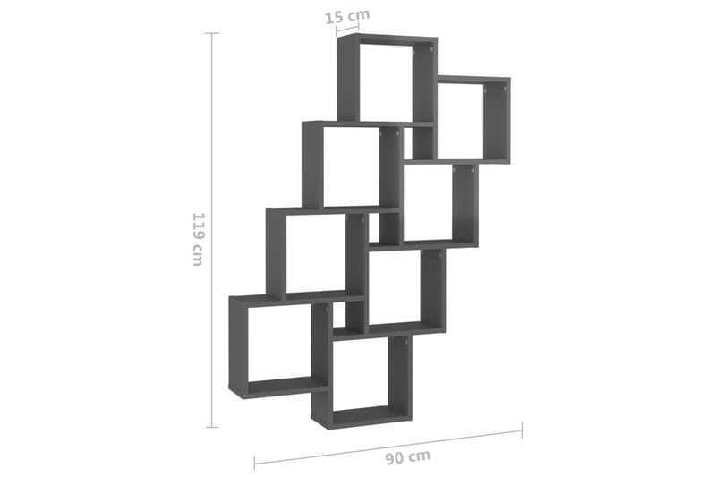 Kubeformet vegghylle høyglans grå 90x15x119 cm sponplate - Grå - Oppbevaring - Hylle - Vegghylle