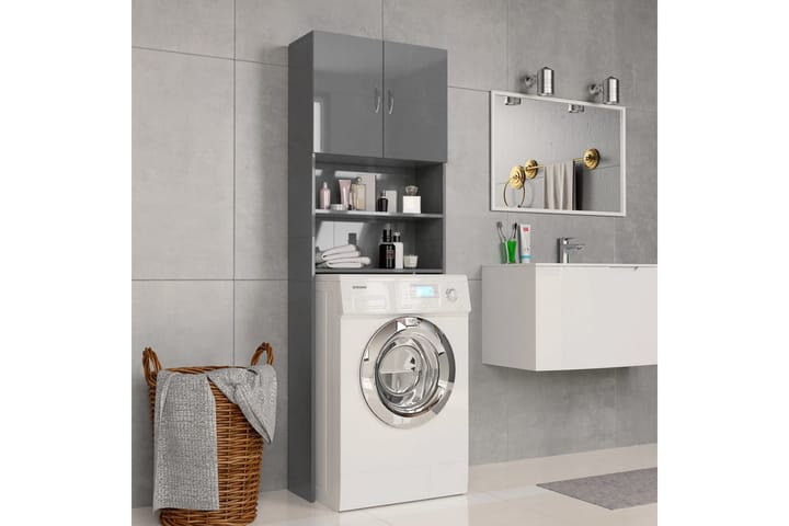 Vaskemaskinskap høyglans grå 64x25,5x190 cm sponplate - Grå - Oppbevaring - Oppbevaring til baderom - Baderomsskap