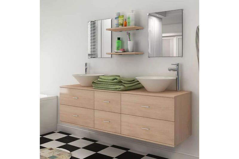 Servant og baderomsmøbler 7 deler beige - Beige - Oppbevaring - Oppbevaring til baderom - Komplette møbelpakker