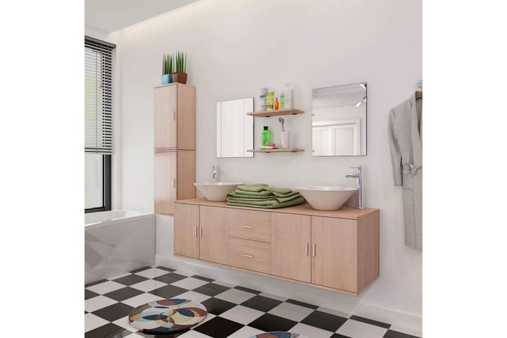 Servant og baderomsmøbler 9 deler beige - Beige - Oppbevaring - Oppbevaring til baderom - Veggskap & høyskap