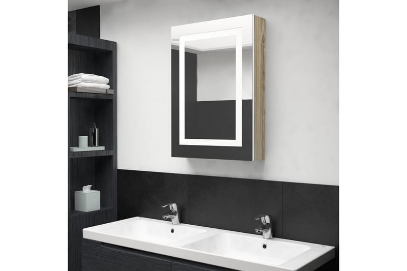 LED-speilskap til bad hvit og eik 50x13x70 cm - Brun - Oppbevaring - Oppbevaring til baderom - Speilskap