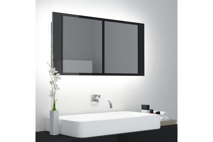 LED-speilskap til baderom høyglans svart 90x12x45 cm - Svart - Oppbevaring - Oppbevaring til baderom - Speilskap
