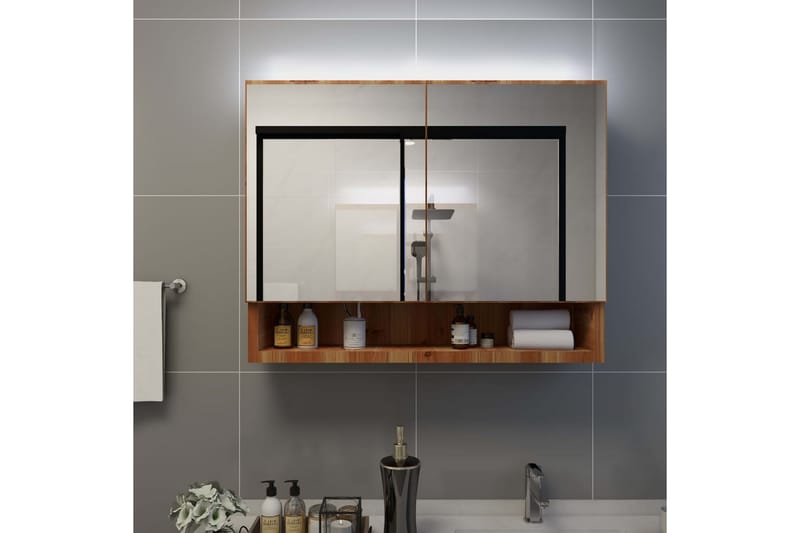 Speilskap med LED til baderom eik 80x15x60 cm MDF - Brun - Oppbevaring - Oppbevaring til baderom - Speilskap
