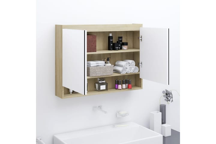 Speilskap til bad 80x15x60 cm MDF hvit og eik - Hvit - Oppbevaring - Oppbevaring til baderom - Speilskap