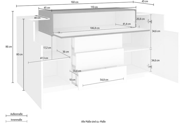 Skjenk Ingiss 160 cm 3 Dører + 3 Skuffer - Hvit/Svart - Oppbevaring - Oppbevaringsmøbler - Sideboard & skjenk