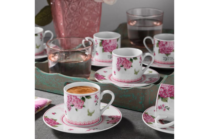 Kaffeservise Adine 12 Deler Porselen - Hvit|Rosa|Grønn - Servering & borddekking - Porselen