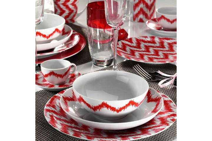 Middagsservise Kütahya 24 Deler Porselen - Hvit/Rød - Servering & borddekking - Porselen