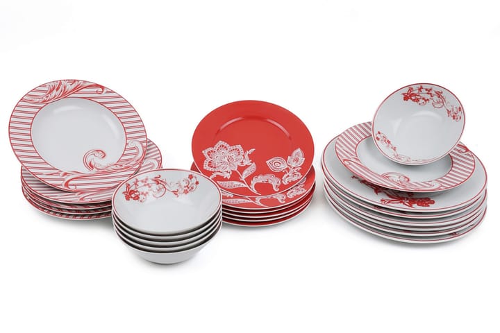 Middagsservise Kütahya 24 Deler Porselen - Hvit|Rød - Servering & borddekking - Tallerkener